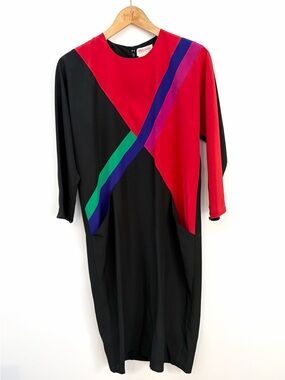 Simon Chang Black & Red Colorblock Dress with Green and Purple Accents